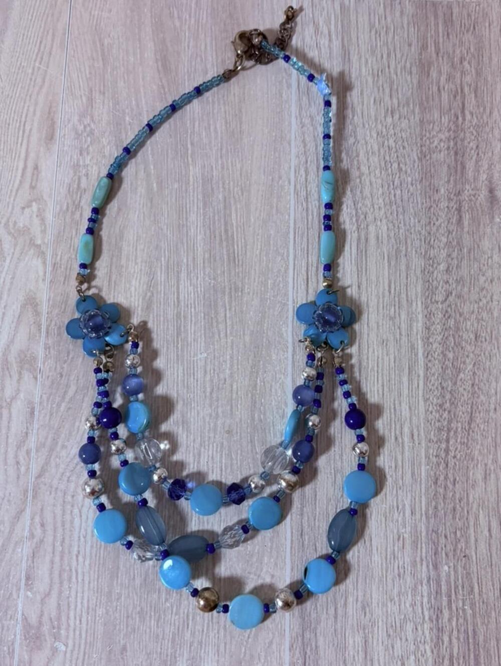 Multi-Strand Blue Beaded Necklace Turquoise & Cobalt Flower Accent